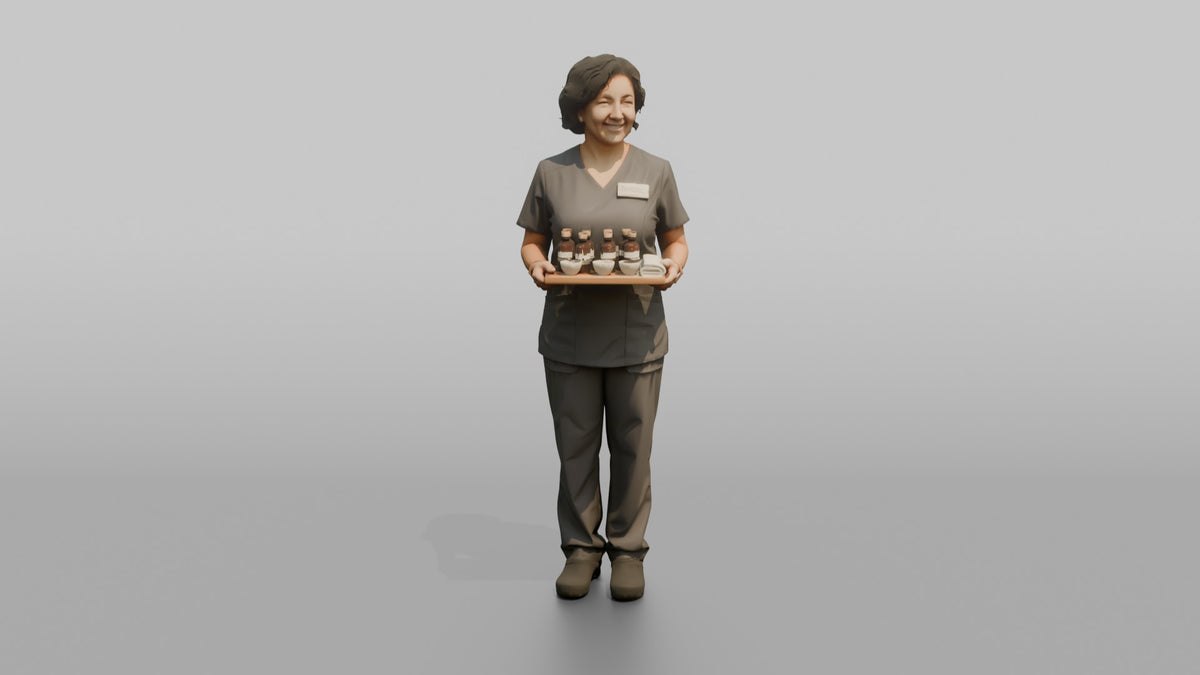 Massage Therapist Woman Holding A Small Tray With Oil Bottles - 3D character model, view 5