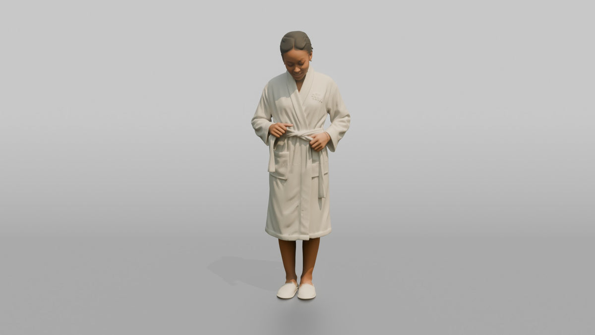 Spa Attendant Woman Adjusting A Robe Belt At The Waist - 3D character model, view 5