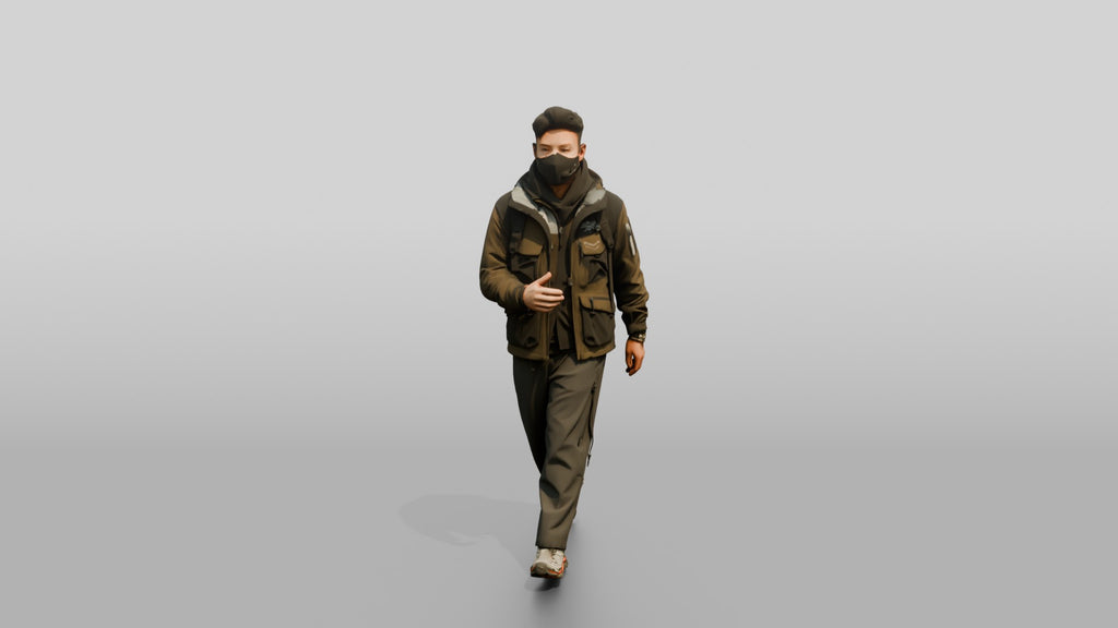 Techwear Man Walking in Layered Jacket