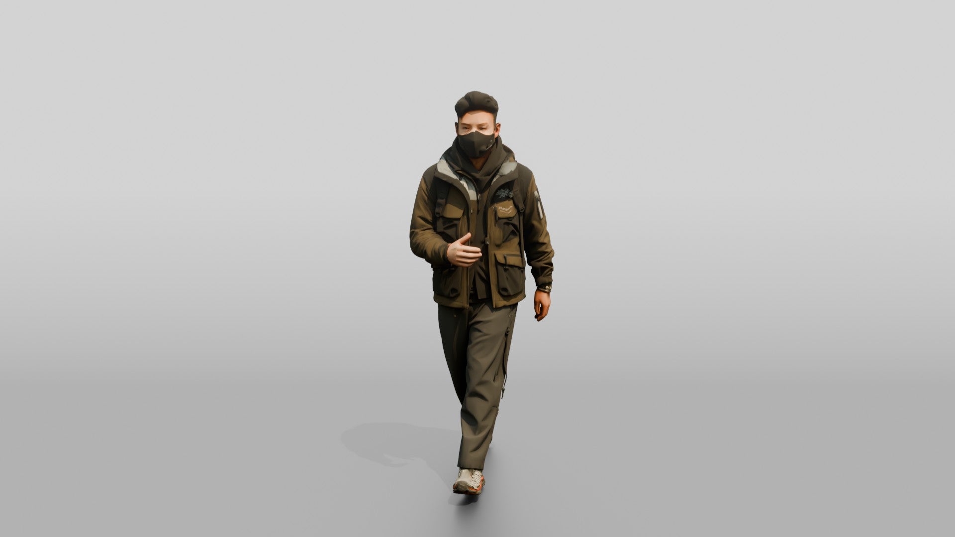 Techwear Man Walking in Layered Jacket