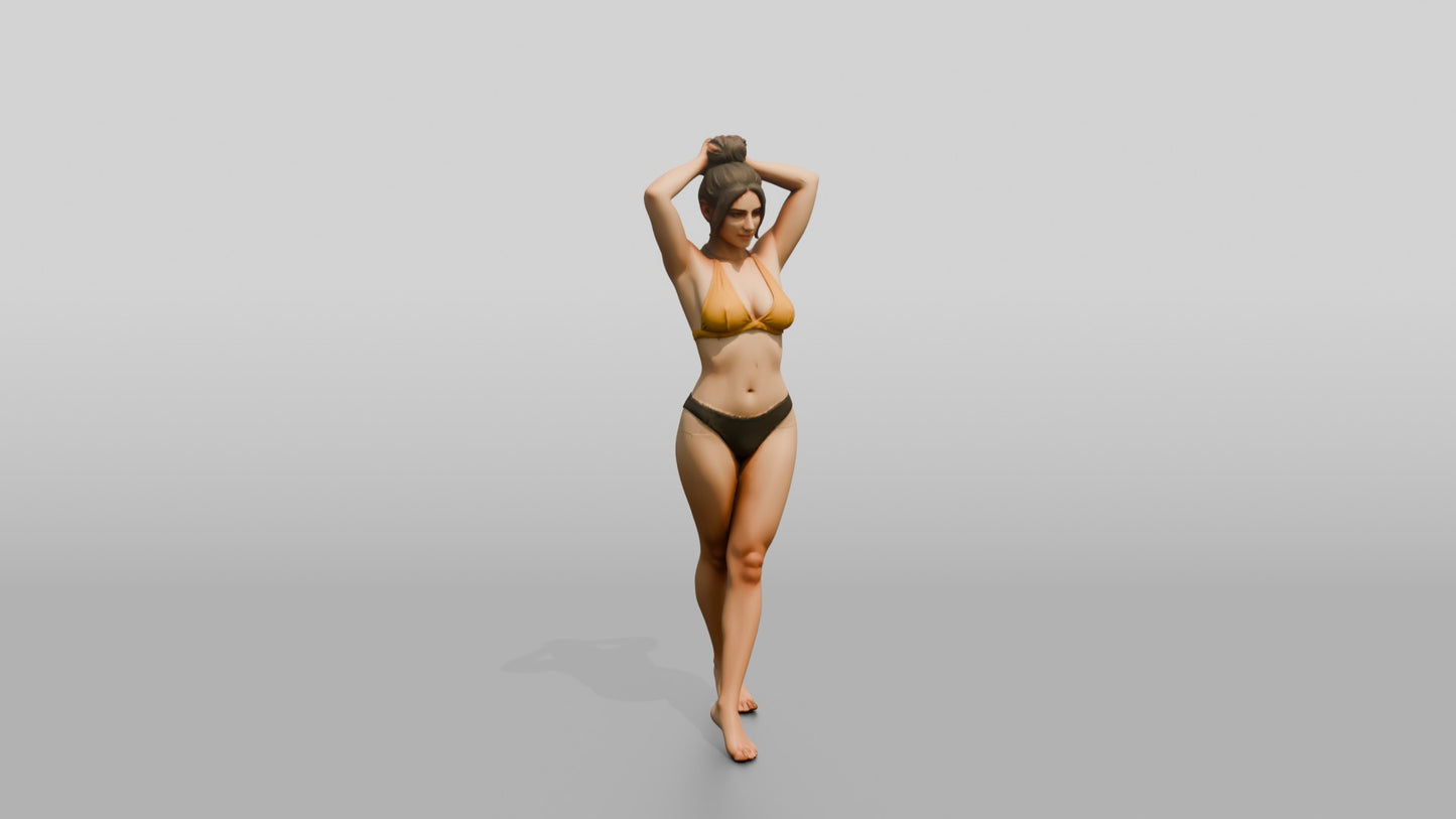 Curvy Woman in Yellow Two-Piece Swimsuit Arms Raised