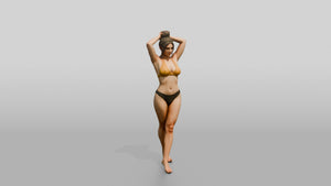 Curvy Woman in Yellow Two-Piece Swimsuit Arms Raised - 3D character model, view 1