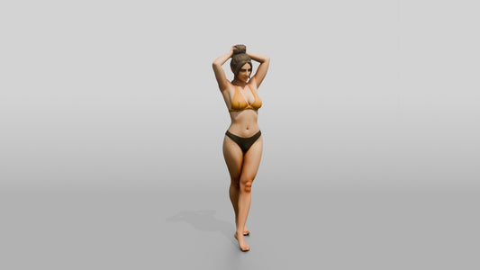 Curvy Woman in Yellow Two-Piece Swimsuit Arms Raised - 3D character model, view 1