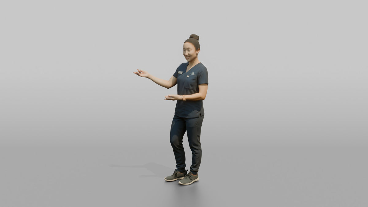 Esthetician Woman Gesturing Toward A Treatment Chair - 3D character model, view 4