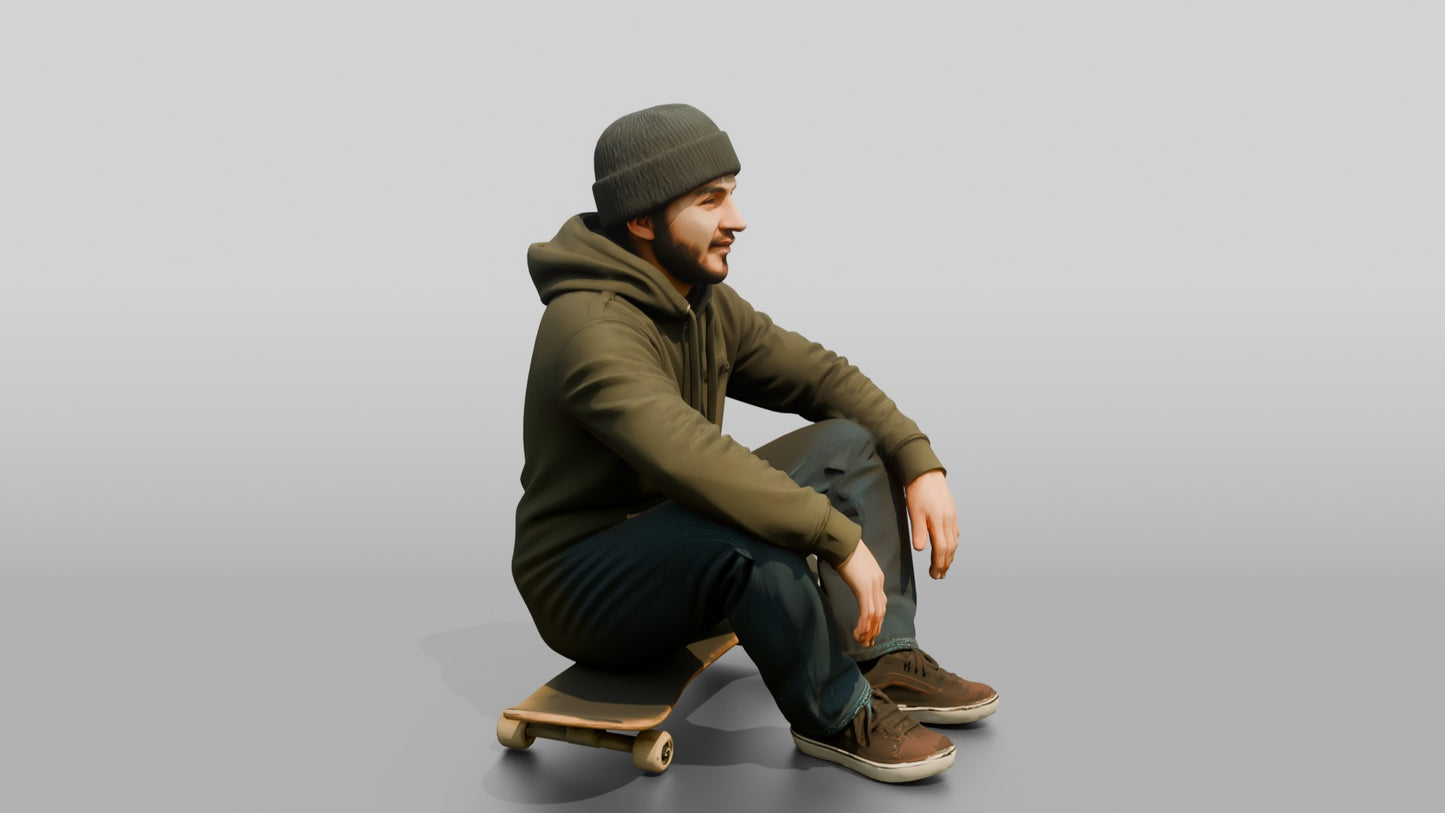 Skater Man Sitting on Skateboard