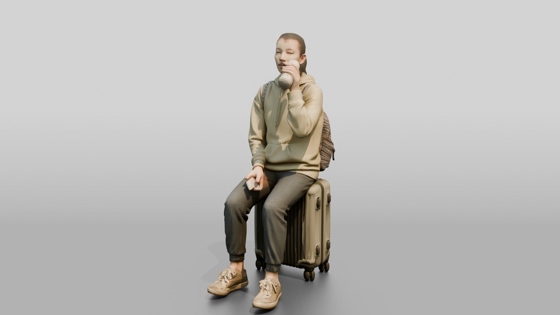 Young Woman Seated on Suitcase Drinking from Travel Cup