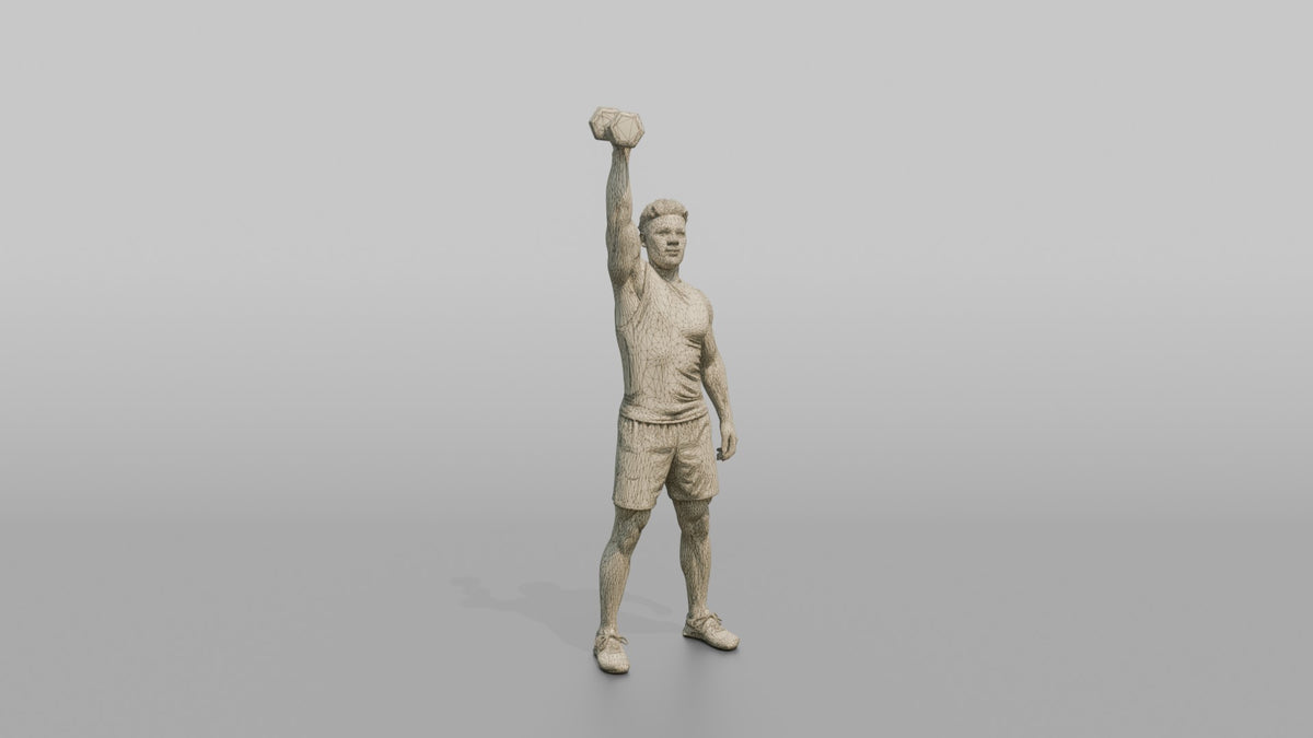 Weightlifter Man Pressing A Dumbbell Overhead With One Arm - wireframe topology preview