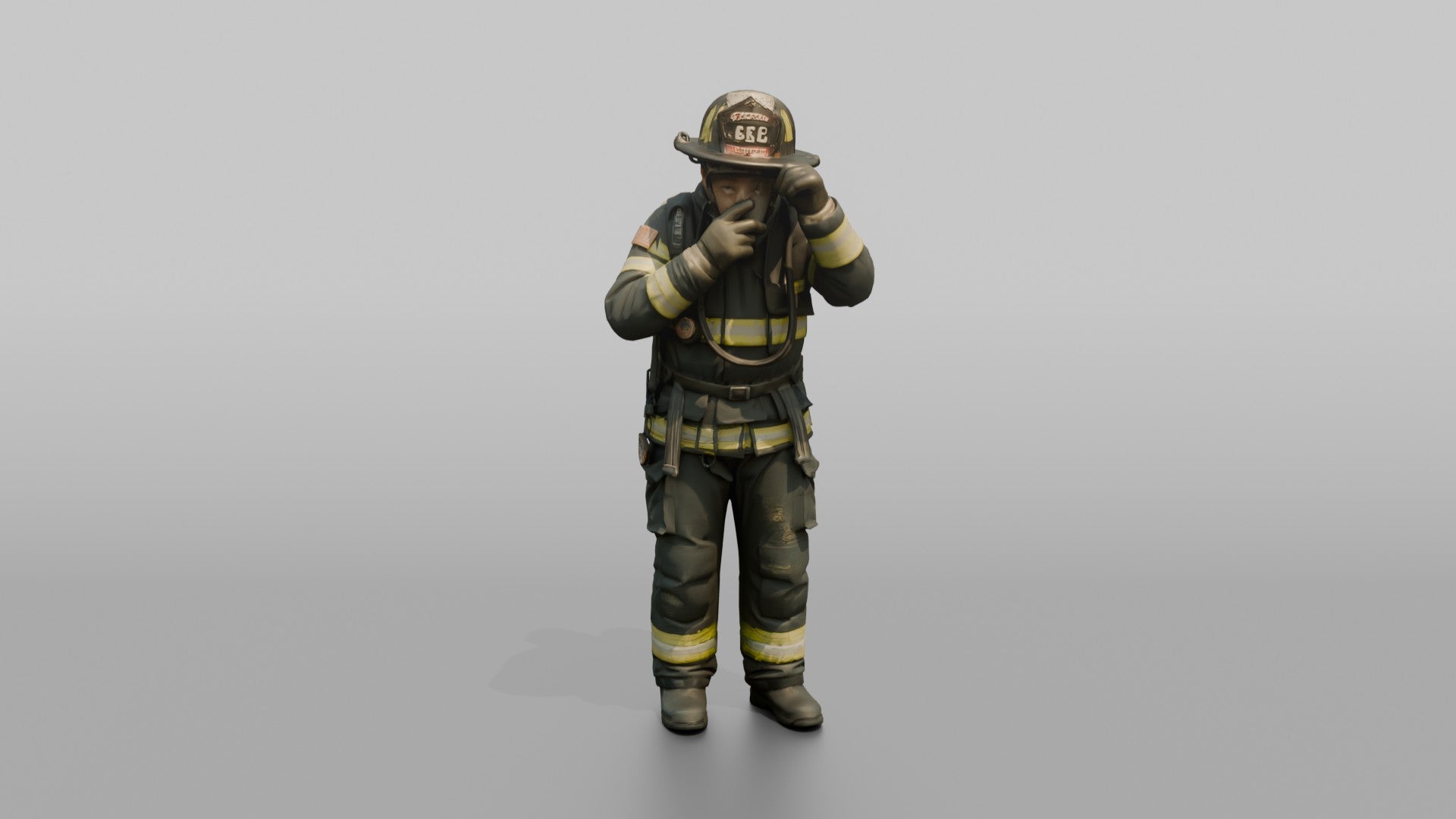 Firefighter Man Securing His Oxygen Mask Over His Face