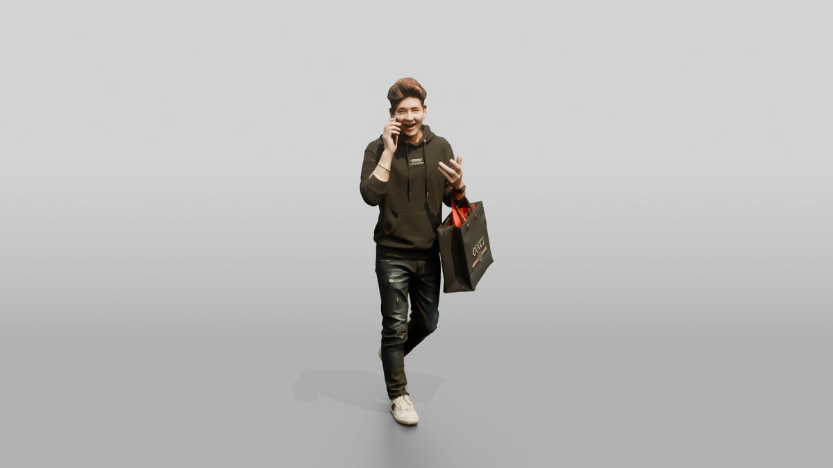 Young Chinese Man Shopping and Talking on Phone - 3D character model, view 1
