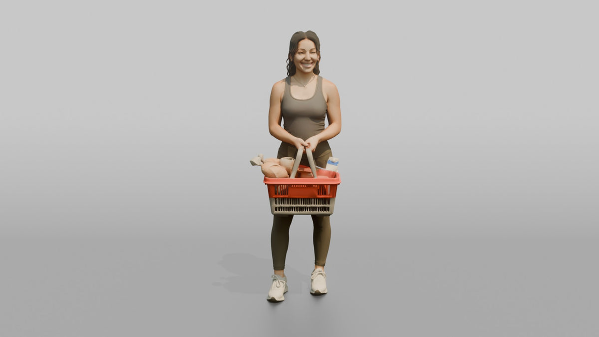 Woman Customer Holding A Shopping Basket With Both Hands - 3D character model, view 5