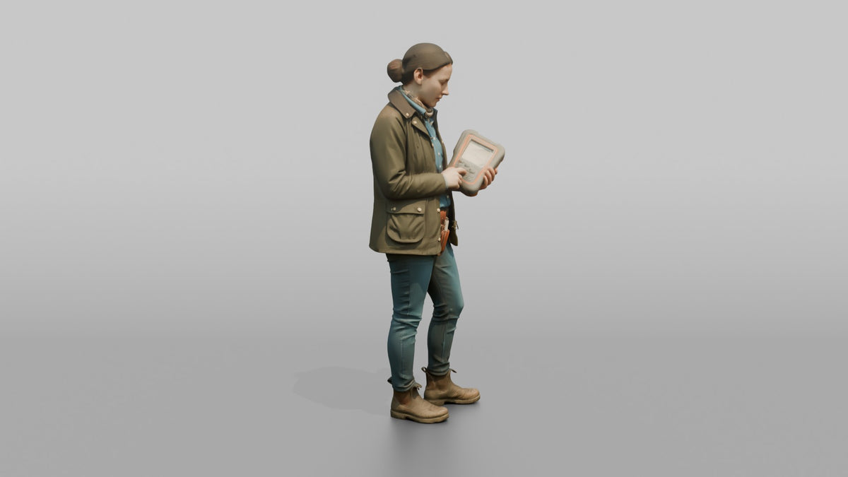 Farmer Holding Livestock Health Monitor Device - 3D character model, view 2
