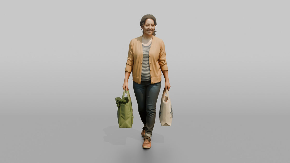 Mother Carrying Two Reusable Grocery Bags - 3D character model, view 5