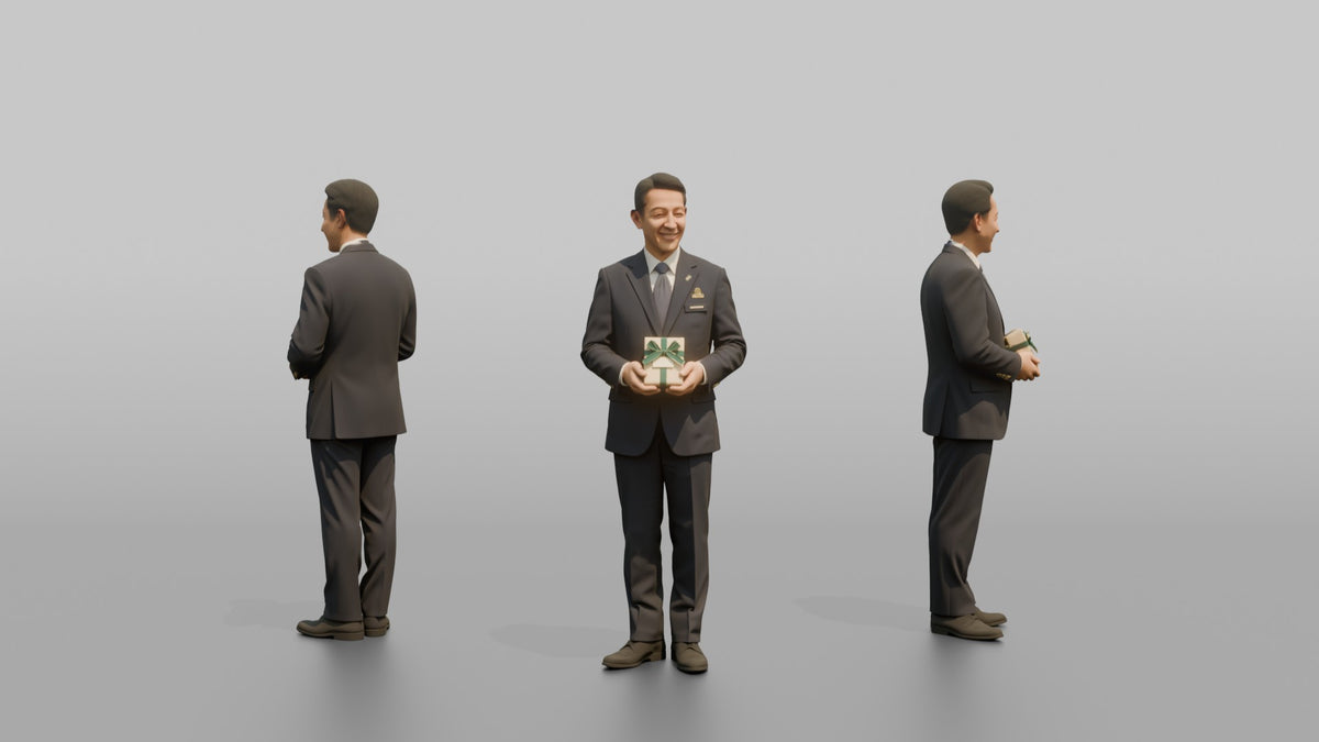 Concierge Woman Holding A Small Gift-wrapped Welcome Package - 3D character model, view 1