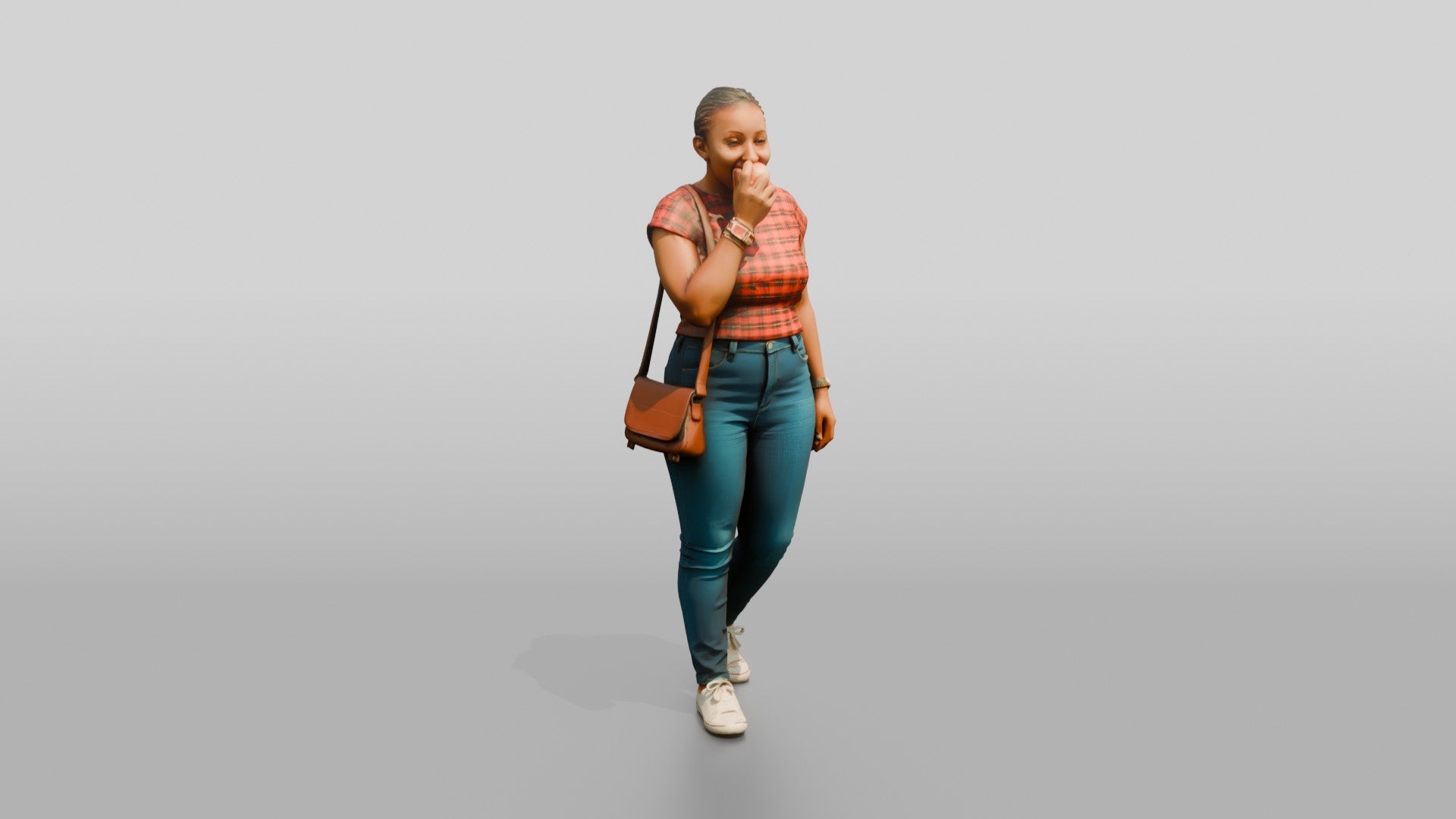 African Woman Eating an Apple in a Plaid Top