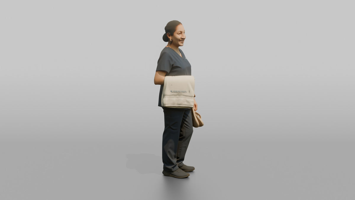 Spa Attendant Woman Holding A Folded Towel And Flip-flops - 3D character model, view 2