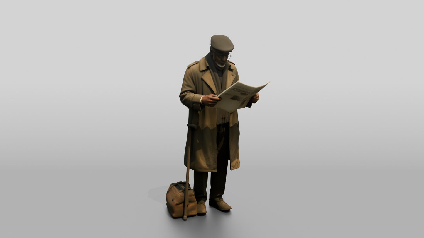 Elderly Black Man Reading Newspaper at Bus Stop