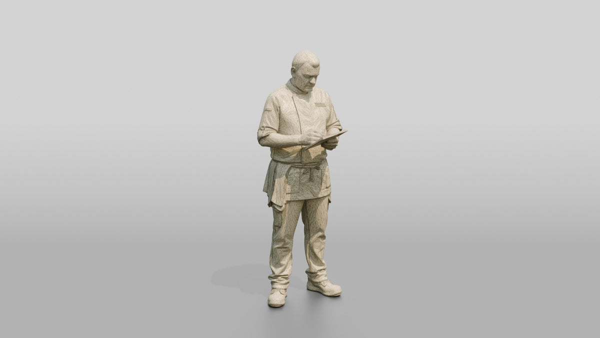 Head Chef Writing on a Clipboard - wireframe topology preview