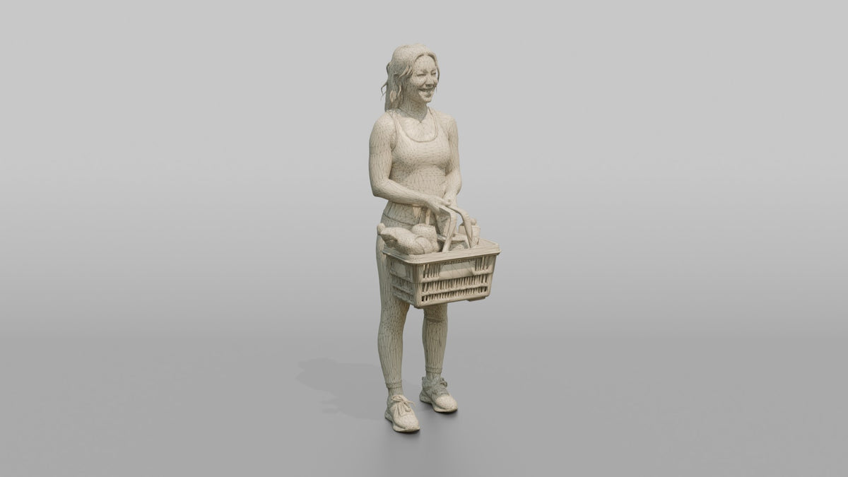 Woman Customer Holding A Shopping Basket With Both Hands - wireframe topology preview