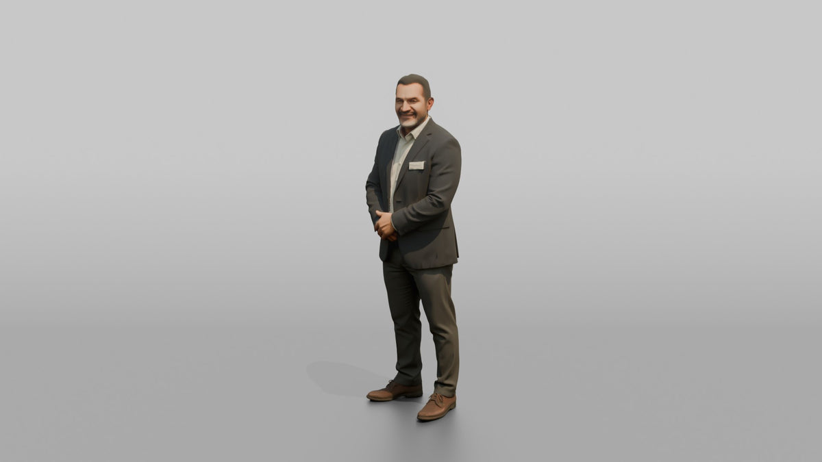 Host Man Standing With Hands Folded, Welcoming Posture - 3D character model, view 4