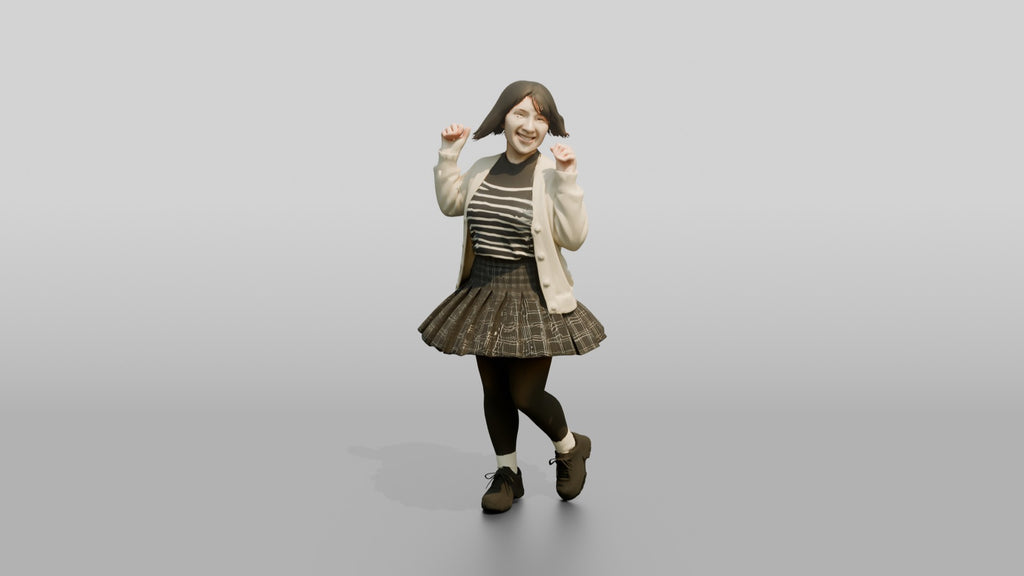 Asian Woman Spinning in Pleated Skirt
