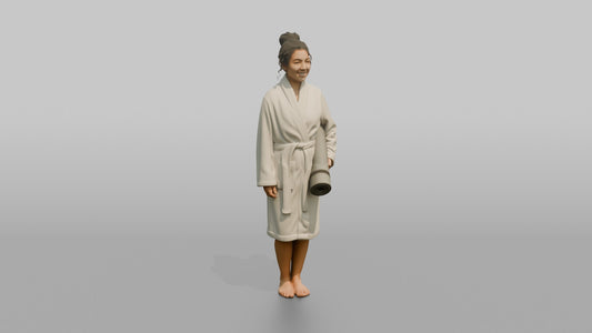 Spa Client Woman Standing Holding A Rolled Yoga Mat, Robe On - 3D character model