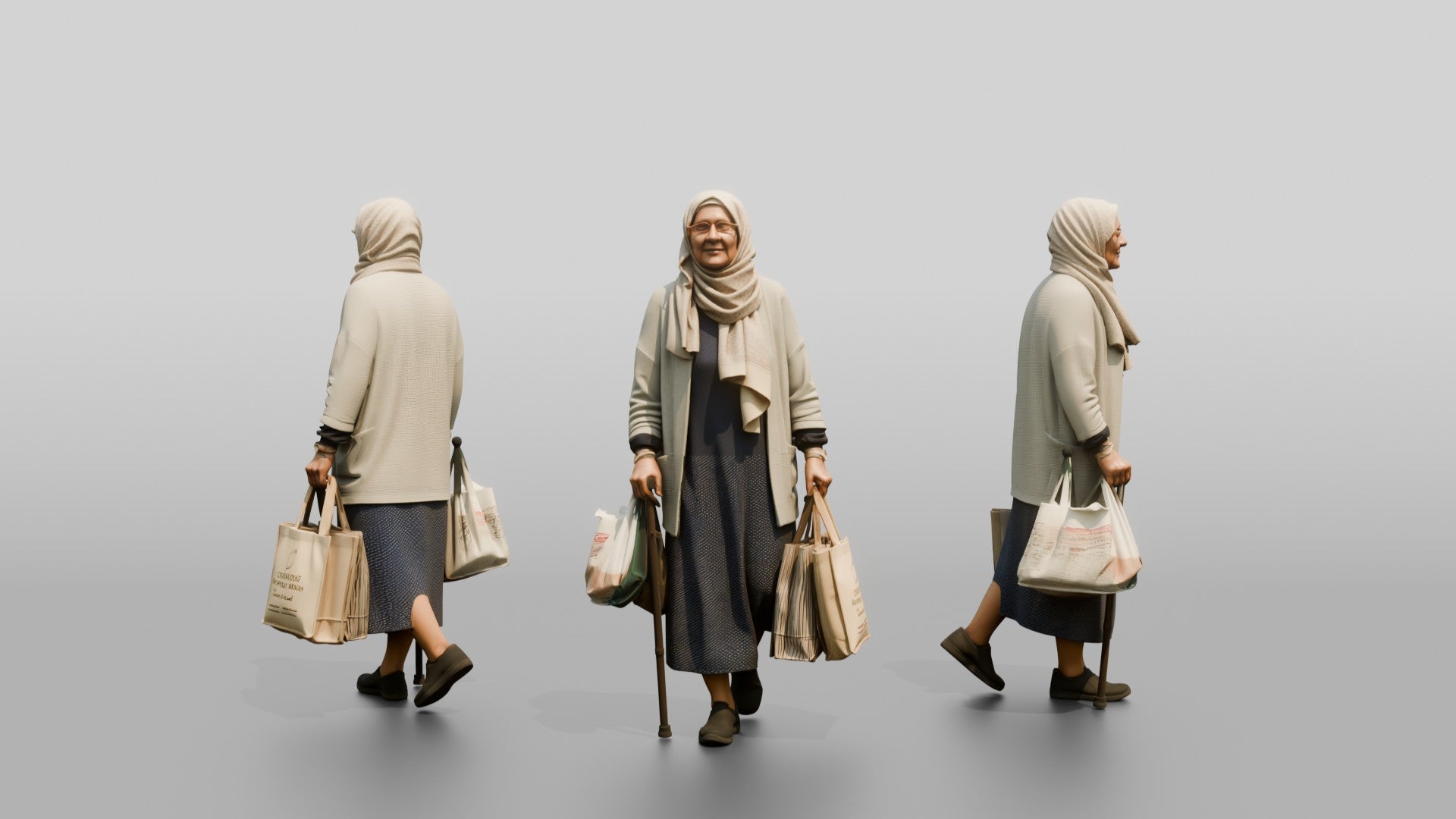 Elderly Slender Syrian Woman in Hijab Carrying Shopping Bags