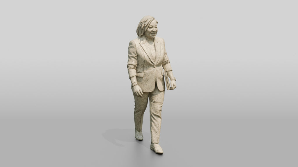 Plus-Size Woman in Emerald Green Pantsuit Carrying a Tablet Case