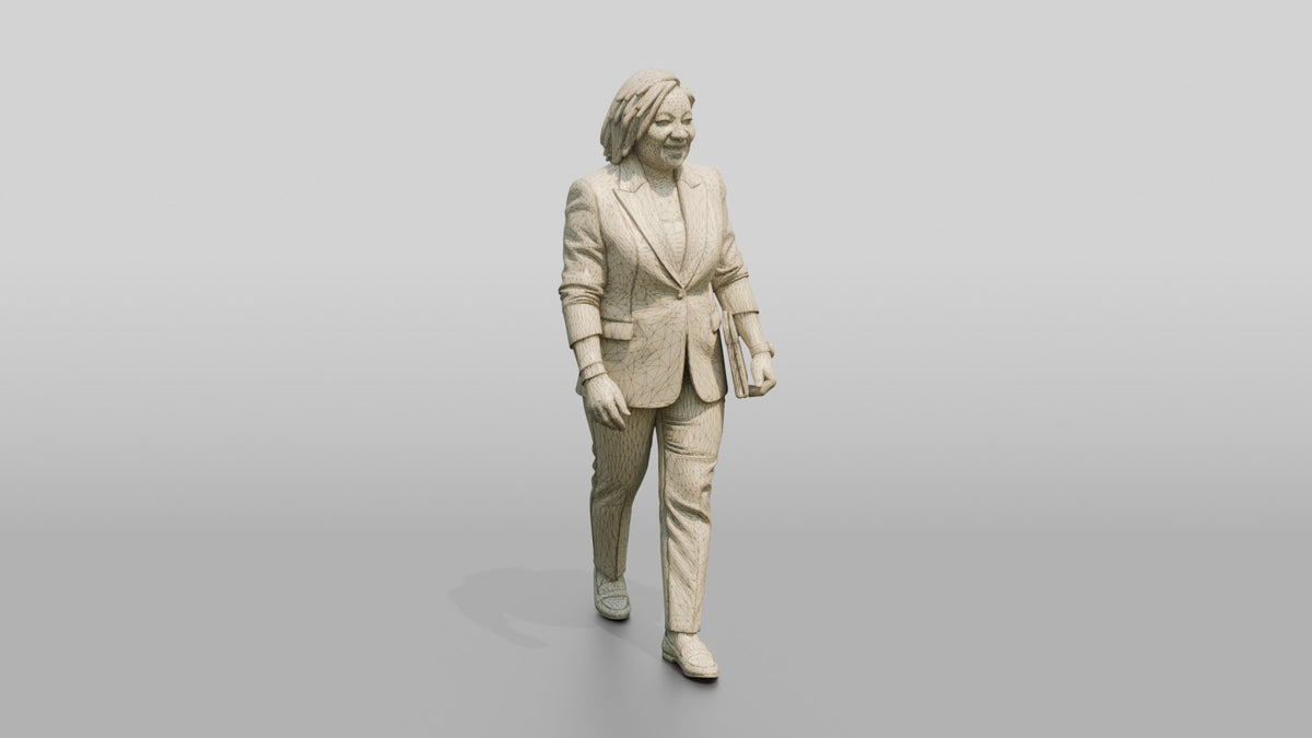 Plus-Size Woman in Emerald Green Pantsuit Carrying a Tablet Case - wireframe topology preview