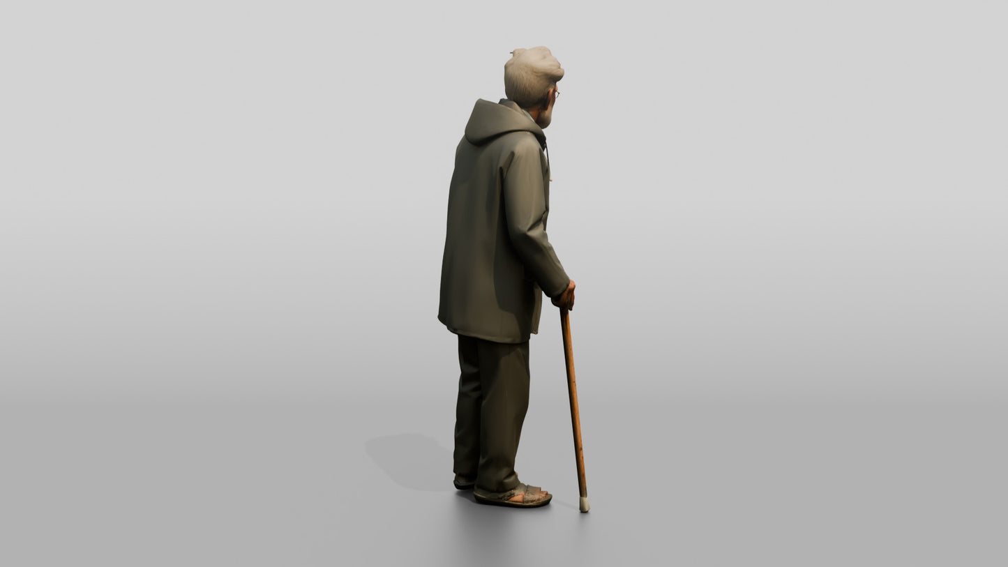 Elderly Indian Man in Grey Raincoat with Cane