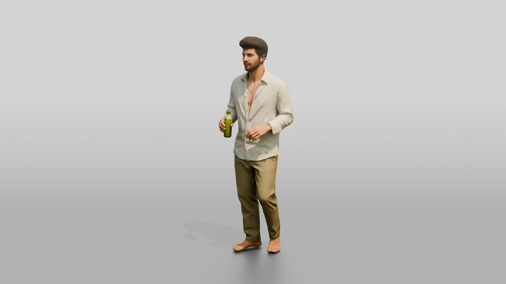 Man Holding a Bottle in White Linen