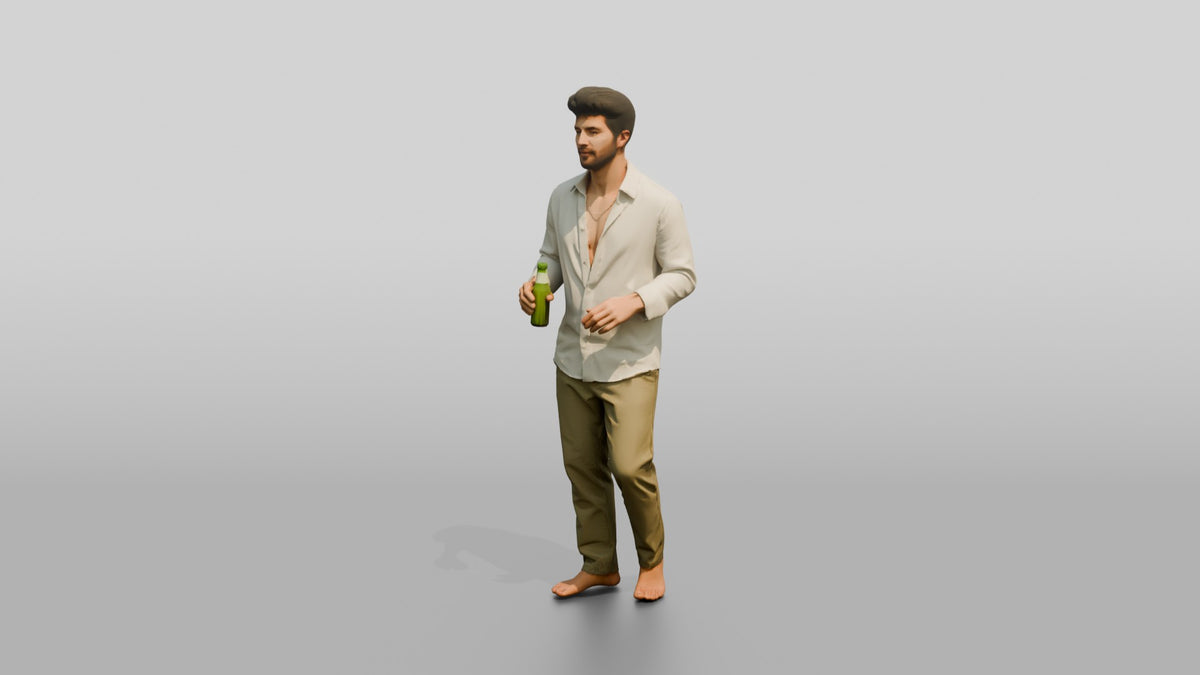 Man Holding a Bottle in White Linen - 3D character model, view 4
