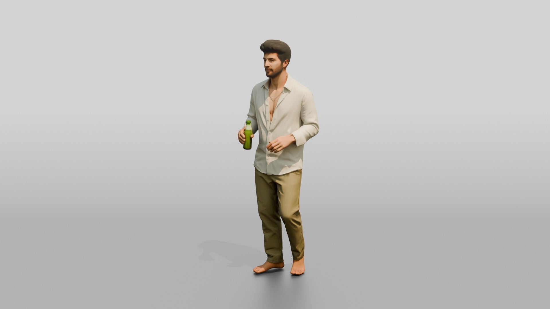 Man Holding a Bottle in White Linen