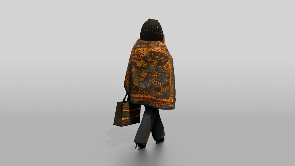 Woman in Printed Wrap Shawl Talking on the Phone