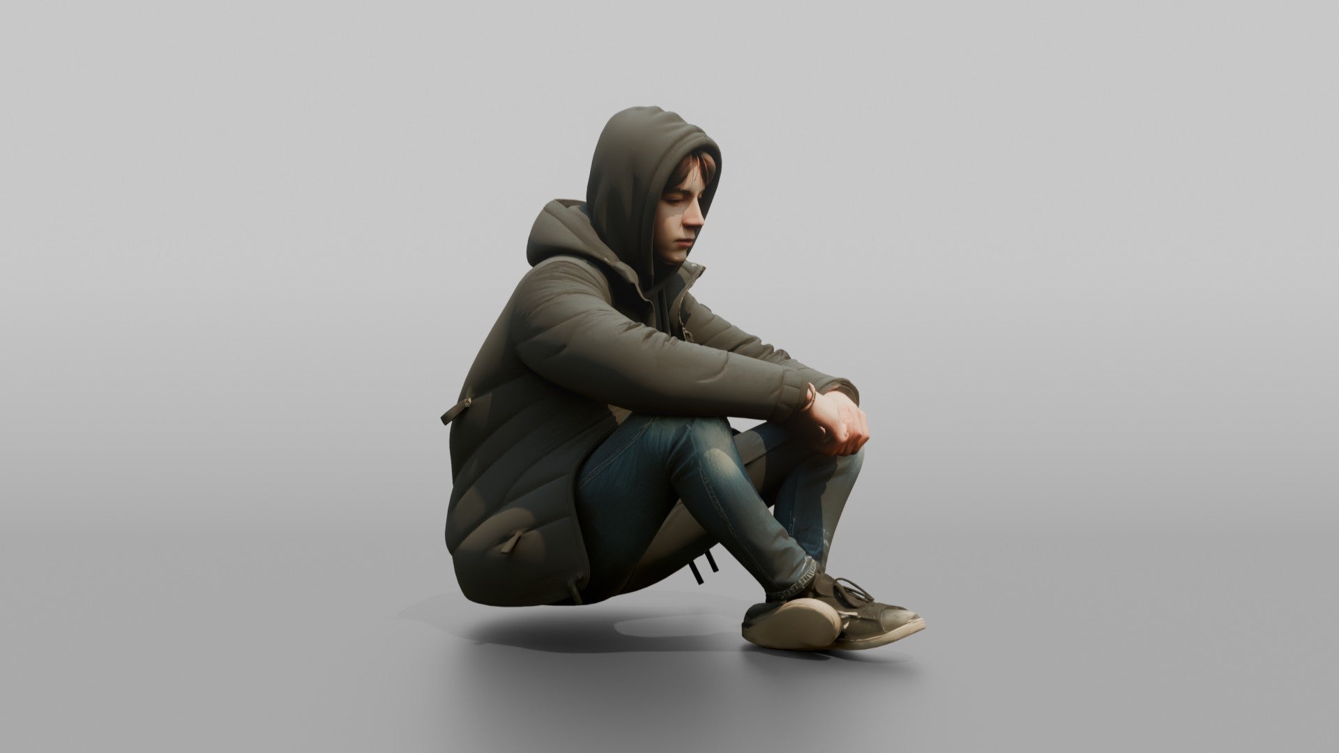 Teenager Sitting on a Curb in a Puffer Jacket