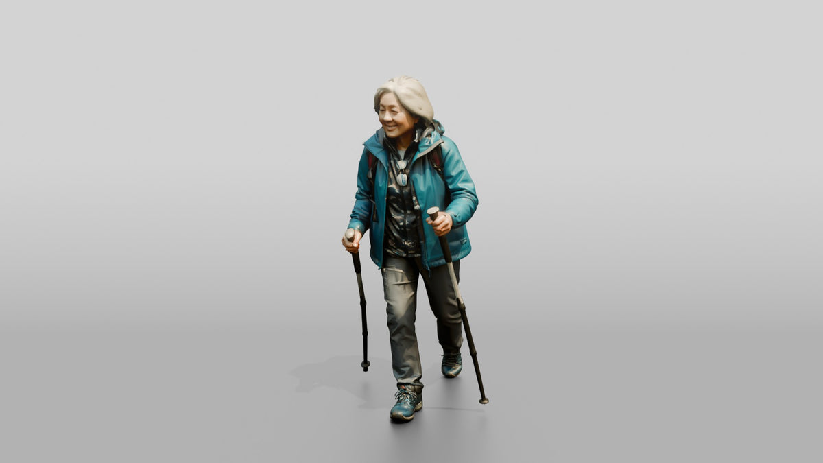 Elderly Chinese Woman Hiking with Trekking Poles - 3D character model, view 4