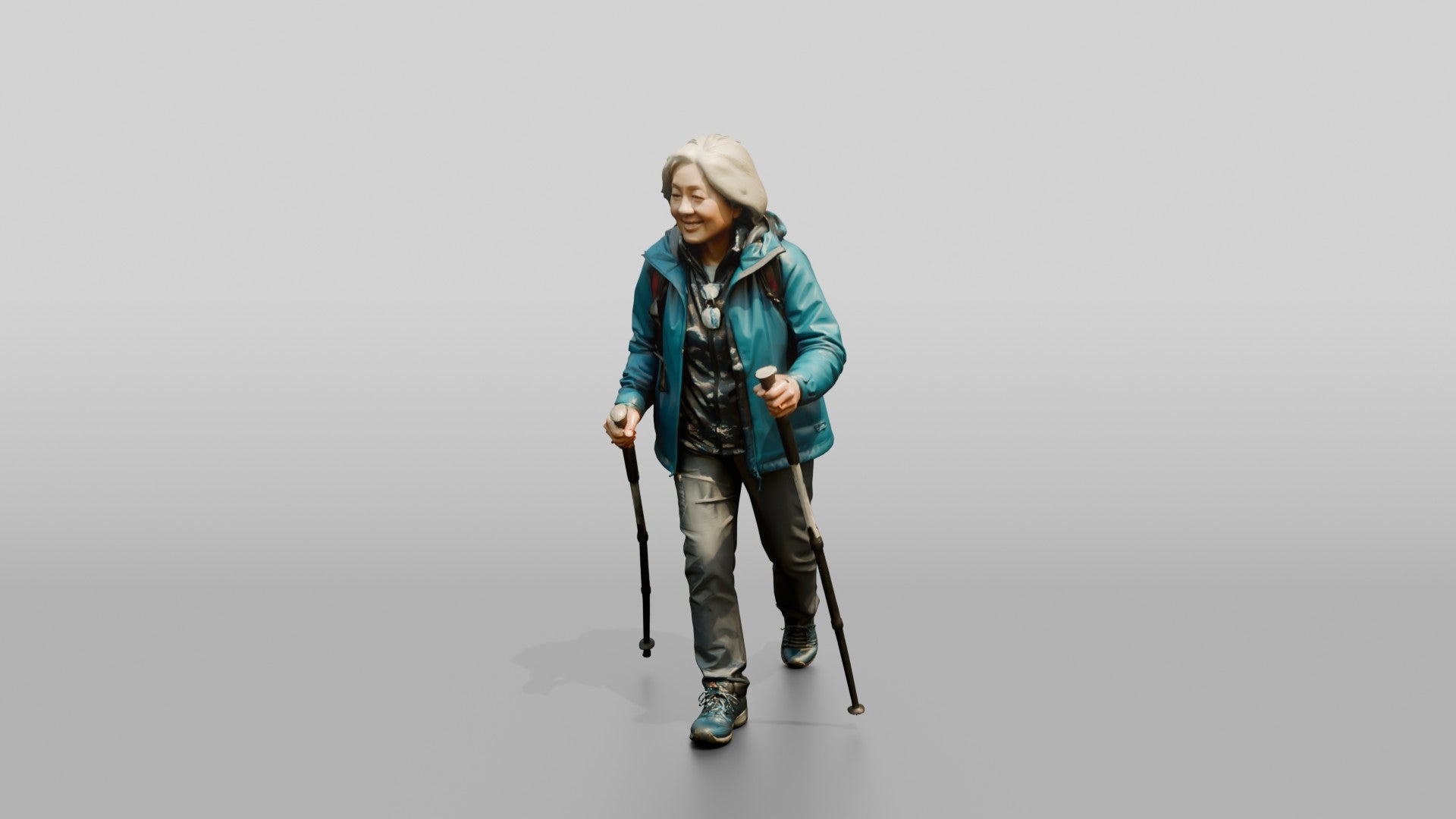 Elderly Chinese Woman Hiking with Trekking Poles