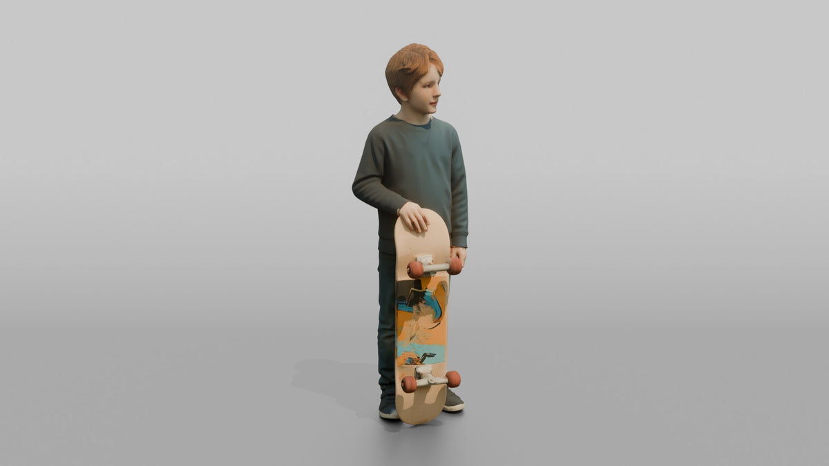 Son Holding A Skateboard Upright At His Side - 3D character model, view 2