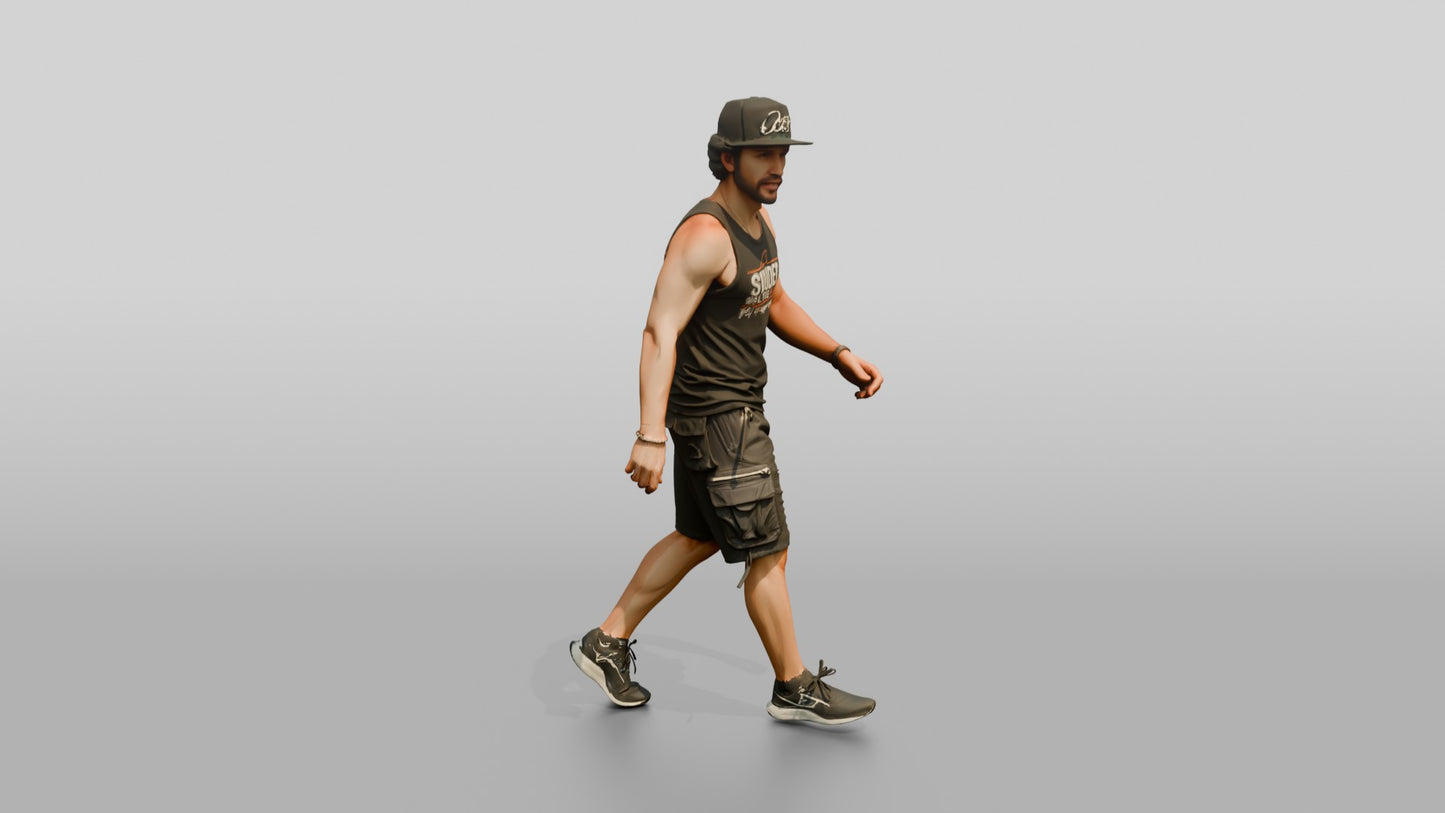 Latino Man Walking the Boardwalk in Graphic Tank Top