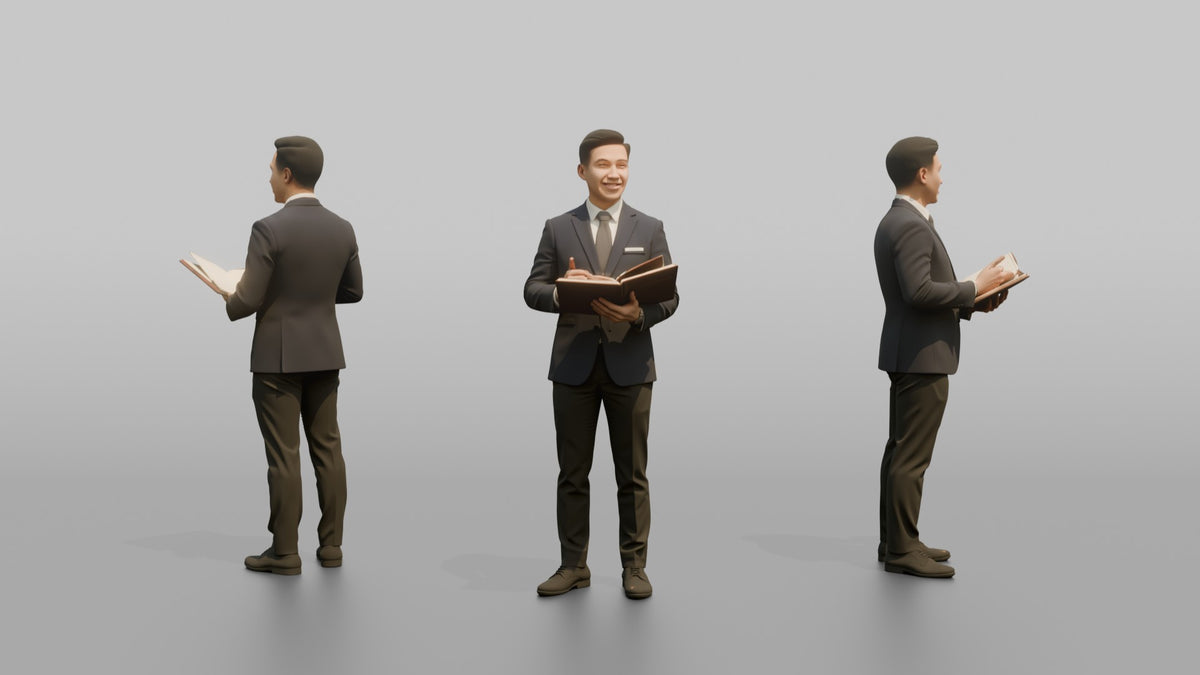 Host Man Holding A Reservation Book - 3D character model, view 1