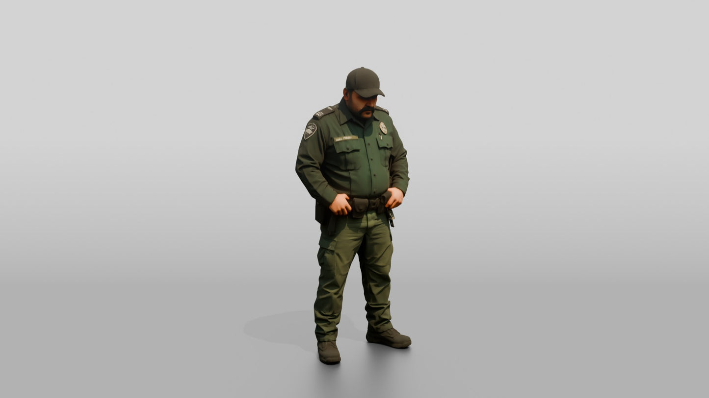 Stocky Latino Male Guard in a Dark Green Uniform