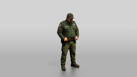 Stocky Latino Male Guard in a Dark Green Uniform - 3D character model, view 1