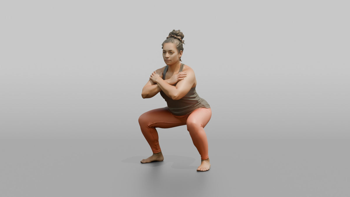Bodyweight Athlete Woman Holding A Deep Squat Position, Arms Crossed - 3D character model, view 4
