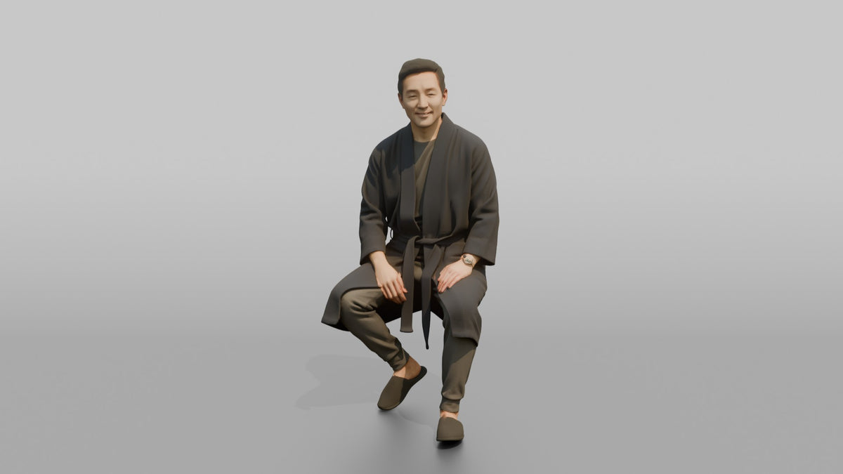 Spa Client Woman Sitting On A Stool Getting Ready, Robe Half-tied - 3D character model, view 5