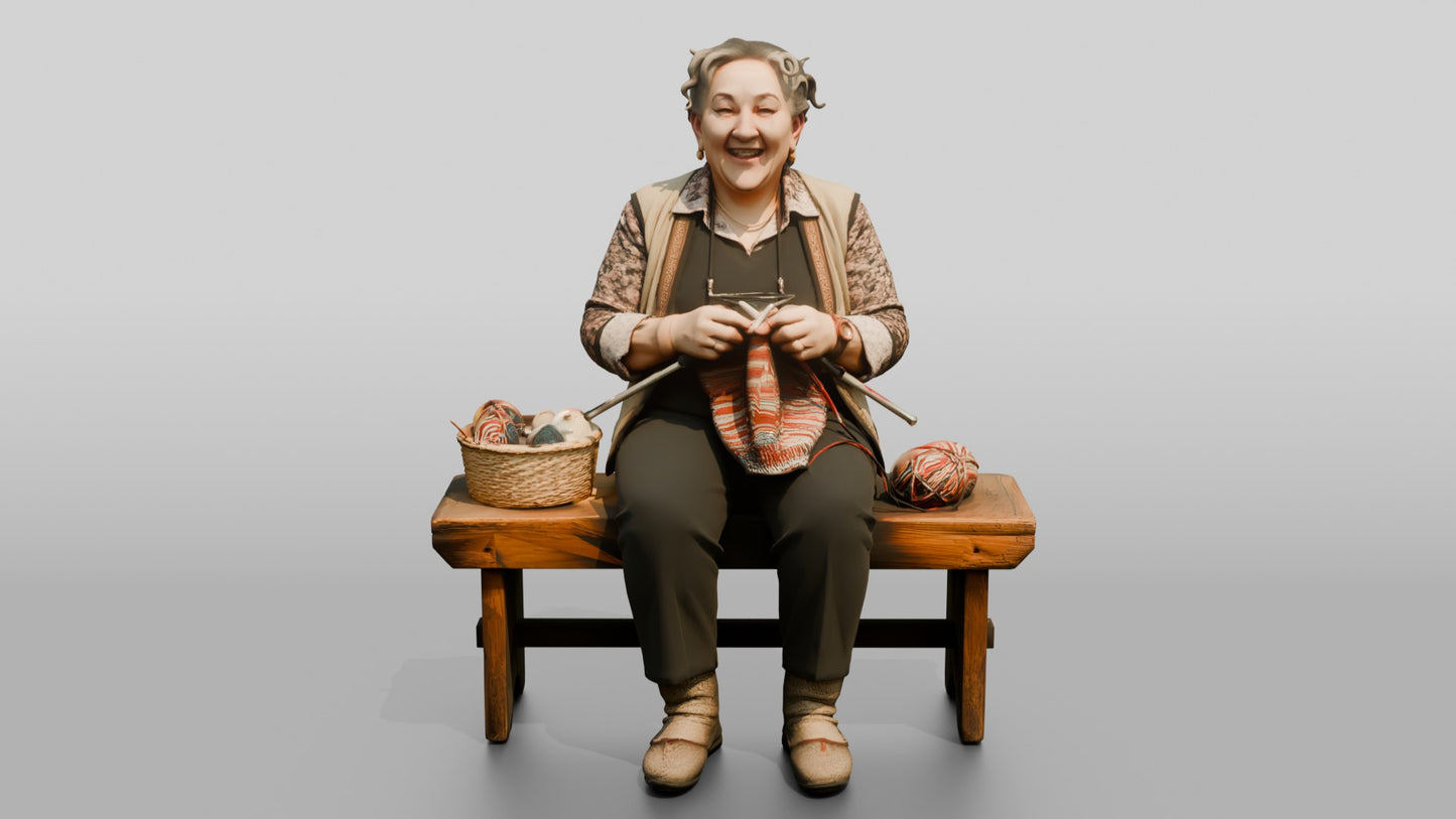 Elderly Woman Knitting on Bench