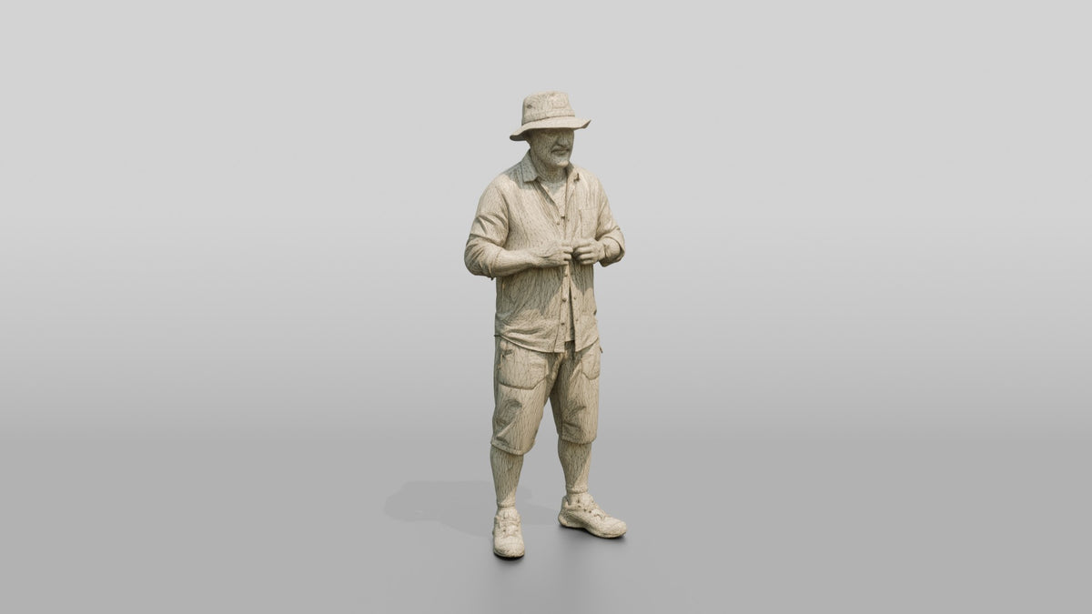 Man Fixing Button on Linen Shirt - wireframe topology preview