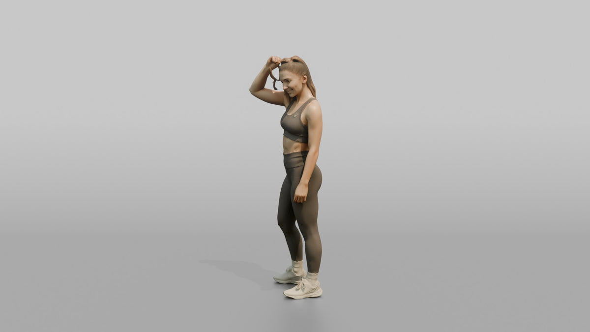Fitness Influencer Woman Standing With One Hand Adjusting A High Ponytail - 3D character model, view 4