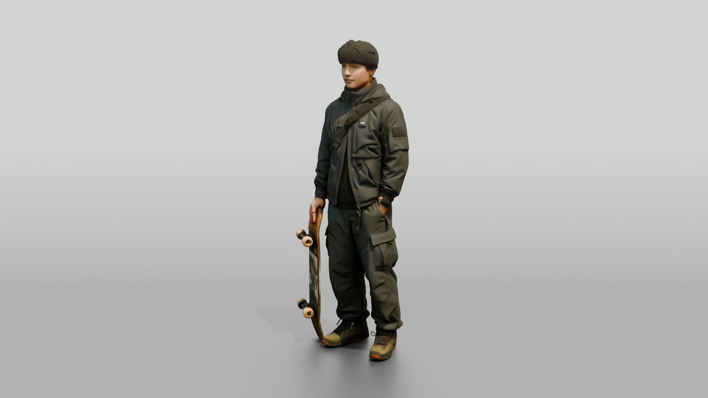 Skater Man in Technical Jacket with Skateboard