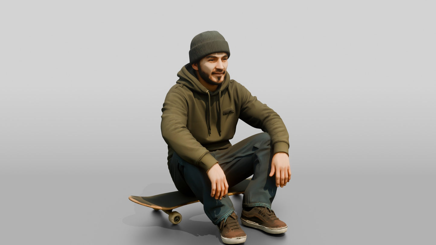 Skater Man Sitting on Skateboard