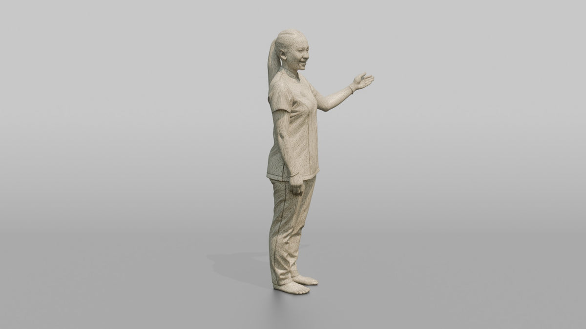 Massage Therapist Woman Gesturing Toward A Treatment Room Door - wireframe topology preview