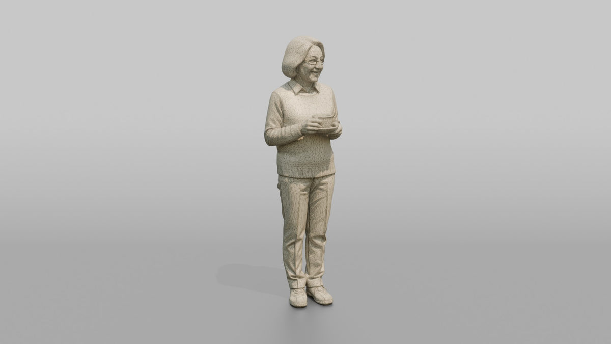 Grandmother Holding A Teacup And Saucer With Both Hands - wireframe topology preview